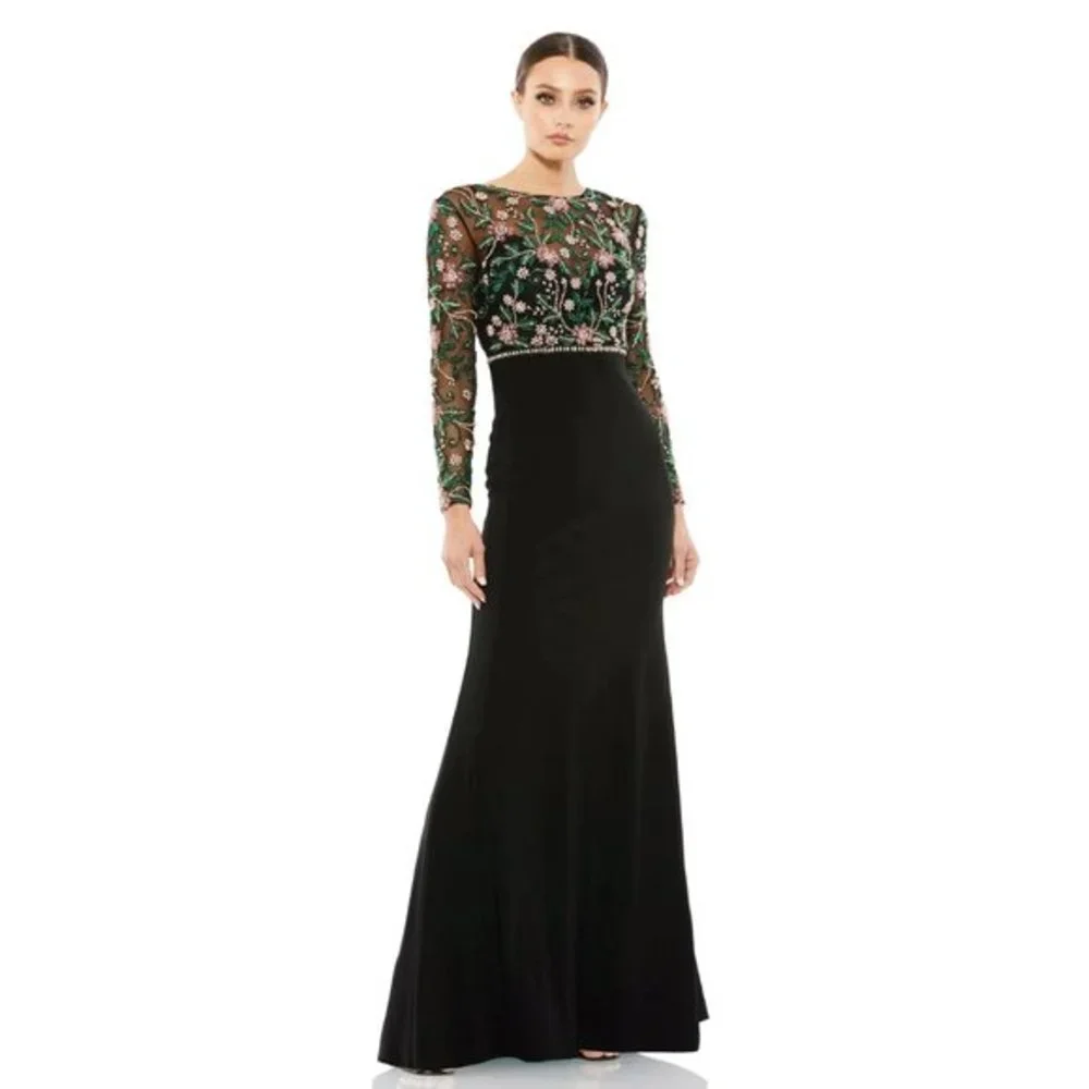 Mac Duggal Beaded Illusion High Neck Trumpet Gown in Black Multi Size 4 - Picture 1 of 12